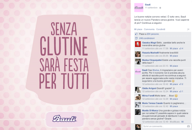 Pandoro senza glutine Bauli: il lancio su Facebook, 11 settembre 2014.