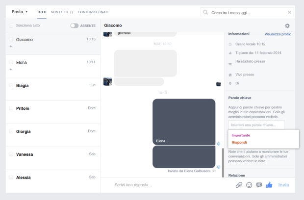 Anteprima nuova gestione Messaggi Facebook Parole Chiave