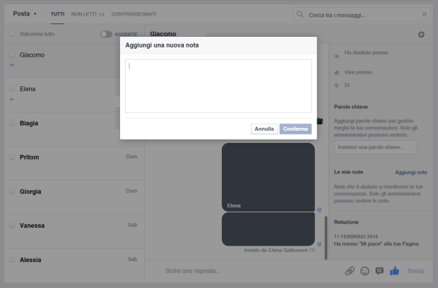 Anteprima nuova gestione Messaggi Facebook Note
